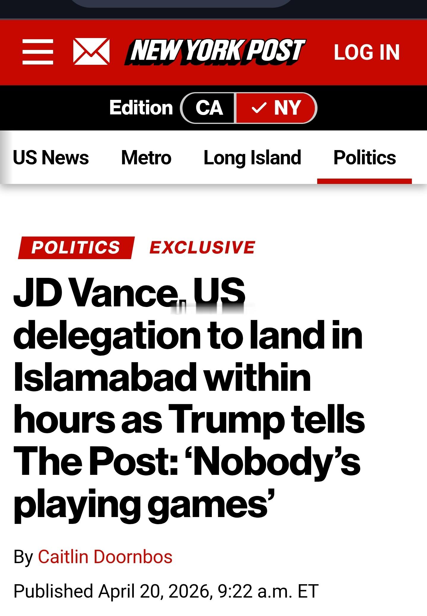 据纽约邮报报道，特朗普周一表示，美国副总统万斯及代表团正前往巴基斯坦，预计将在数