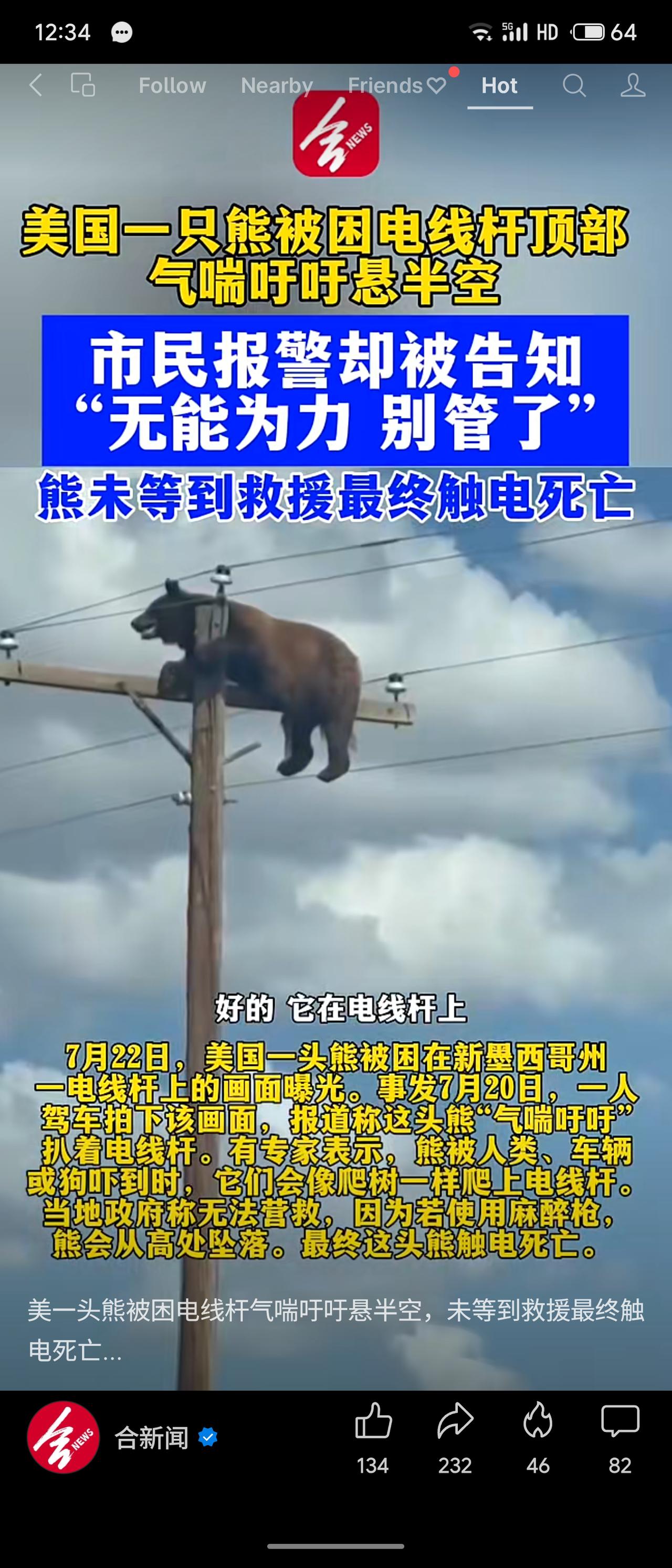 7月20日，美国新墨西哥州一只熊受惊吓爬上电线杆，被困高处气喘吁吁。当地政府称无