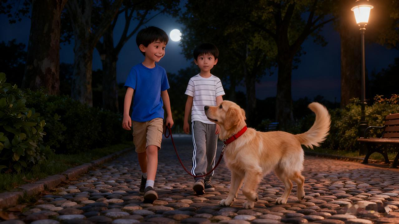 夜晚的快乐来自两个孩子。

夜晚，我去散步，带着狗狗，遇到一个男孩，特别喜欢的跟