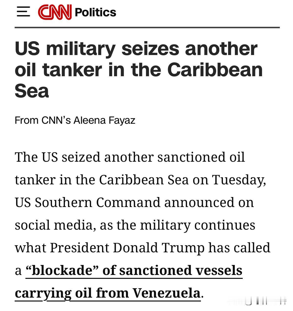 美国南方司令部在社交媒体上宣布，周二，美军在加勒比海扣押了另一艘受制裁的油轮（没