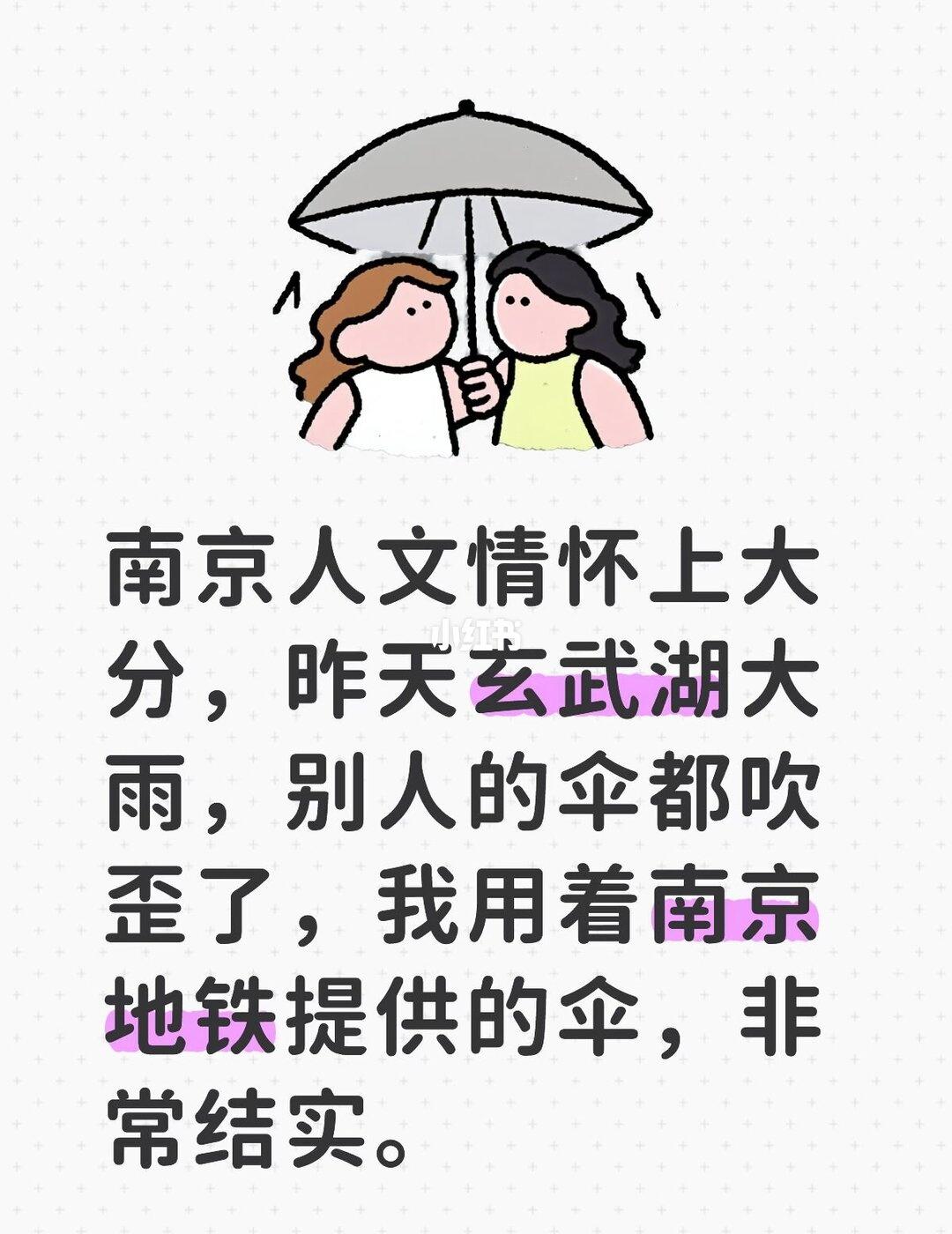 南京人文情怀上大分，昨天玄武湖大雨，别人的伞都吹歪了，我用着南京地铁提供的伞，非
