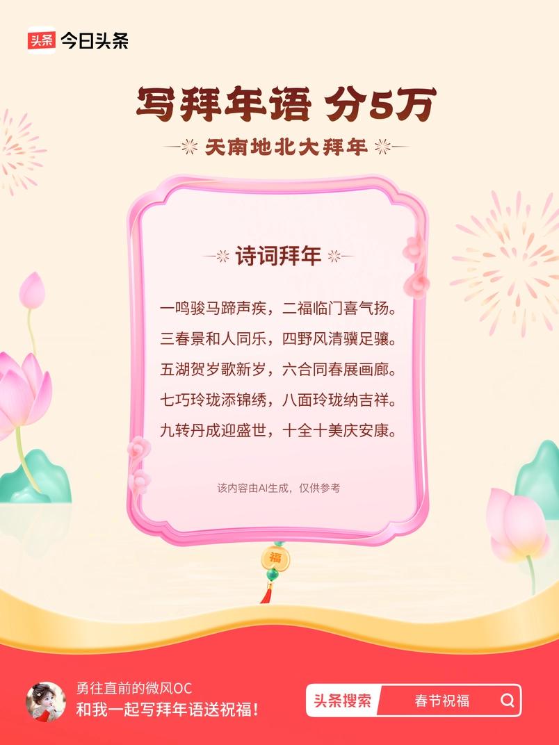 写拜年语送祝福新春拜年送祝福！我的祝福是：“一鸣骏马蹄声疾，二福临门喜气扬。三春