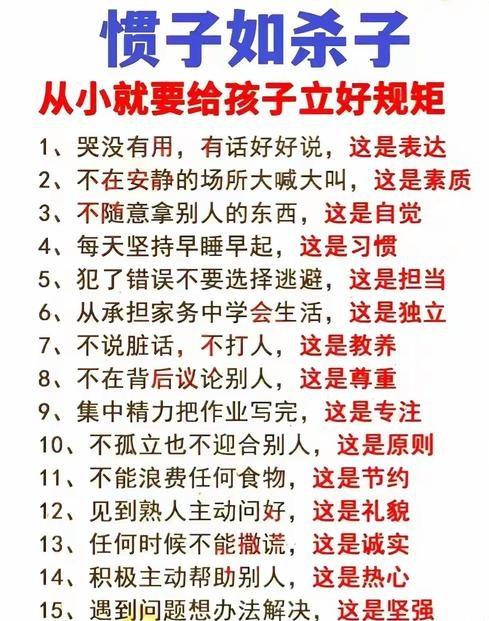惯子如杀子，可现在好多家长对此没有警醒作用，俗话说“没有规矩，不成方圆”，立规是