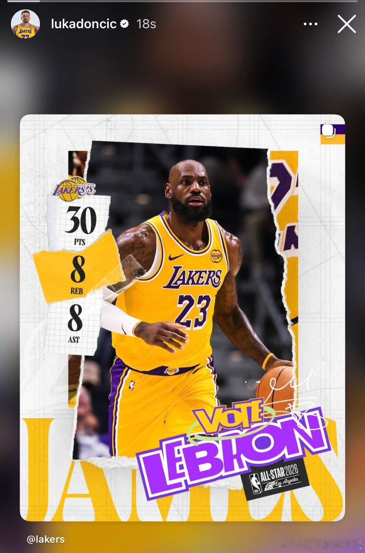 东契奇刚回更衣室不久就更新IG：转发老詹本场表现，为其拉票Vote Lebron