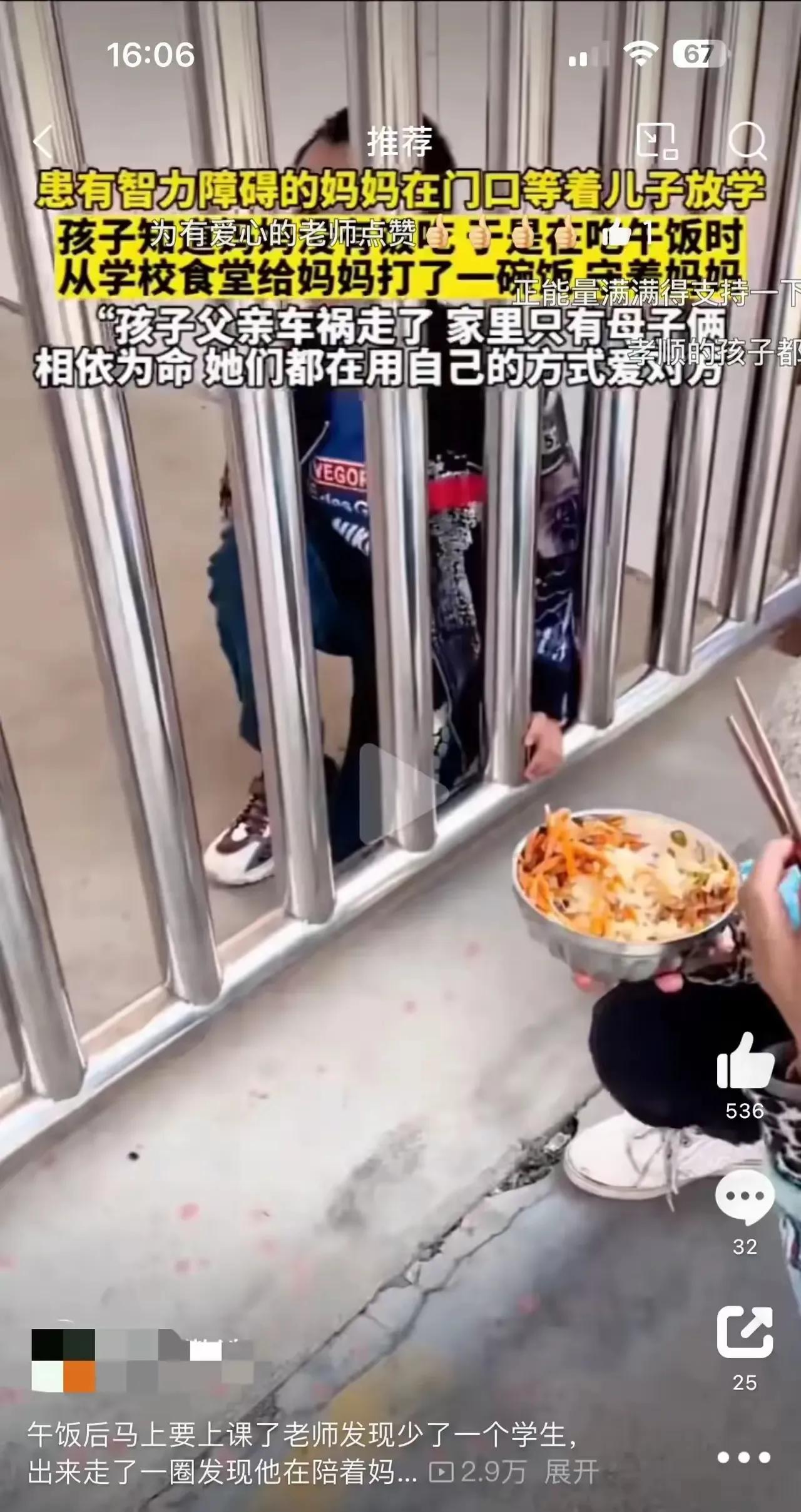 泪奔了！男孩偷偷摸摸从学校给智力低下的妈妈打了一碗饭，这个行为感动全网，我看着这