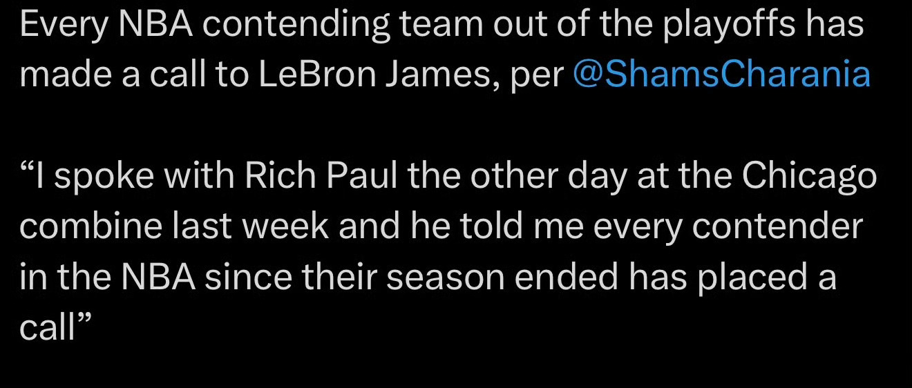 Shams：在詹姆斯赛季结束后，所有NBA的争冠强队，都主动联系了詹姆斯或者给詹