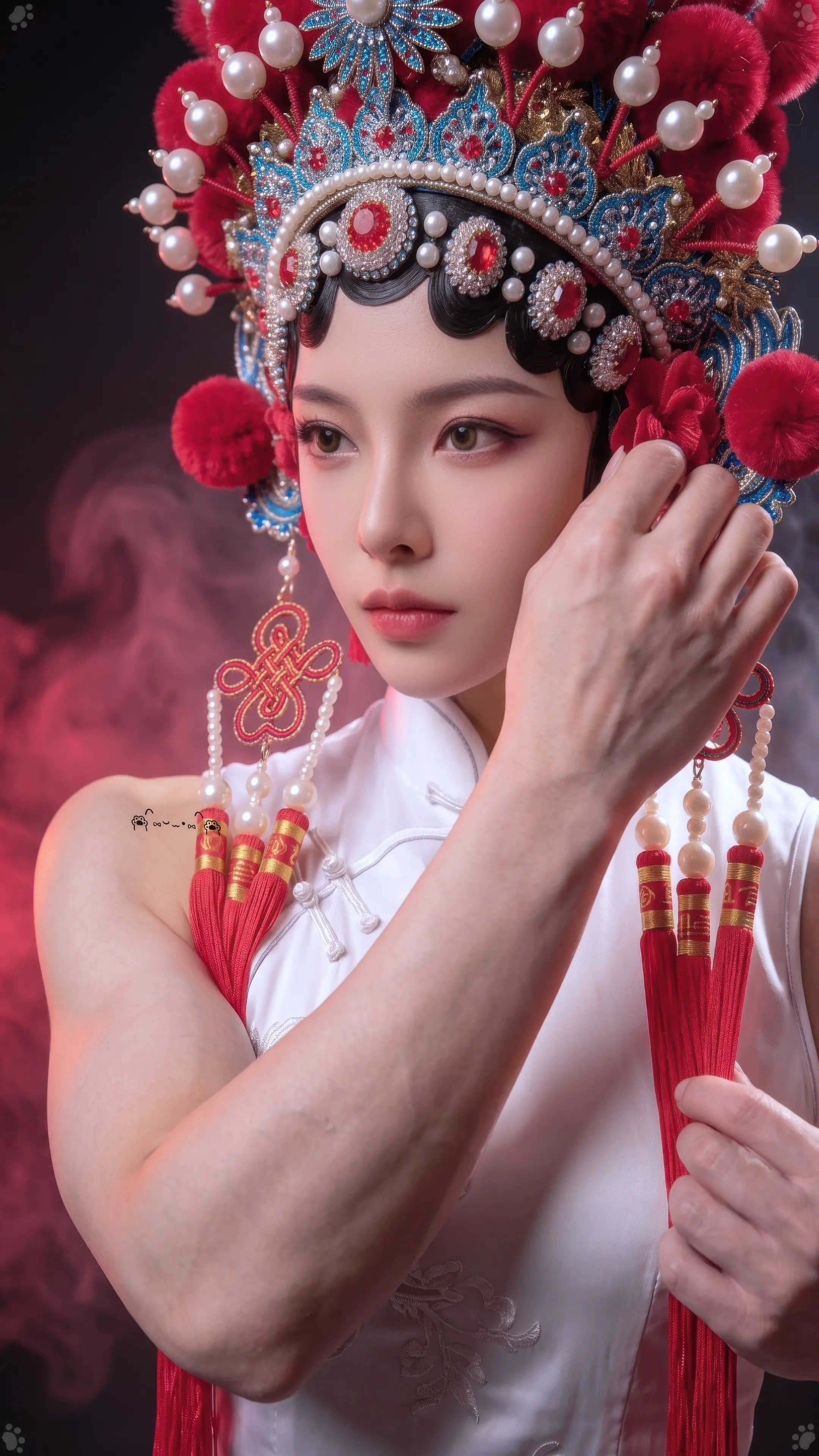 头戴凤冠，臂上走马。