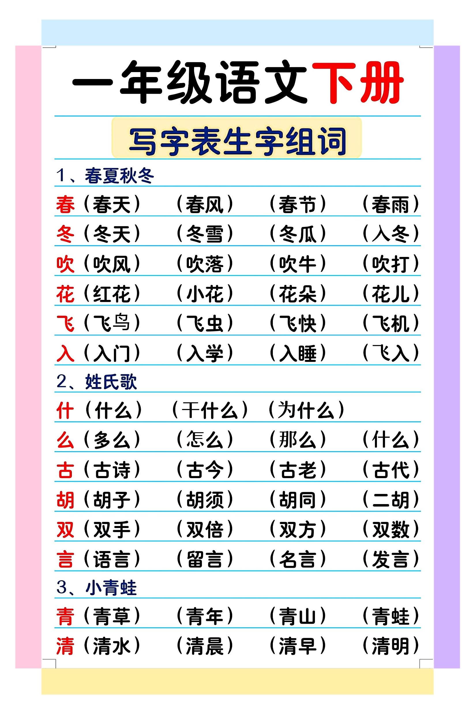 一年级下册语文写字表生字组词，期末复习必备生字组词涨知识