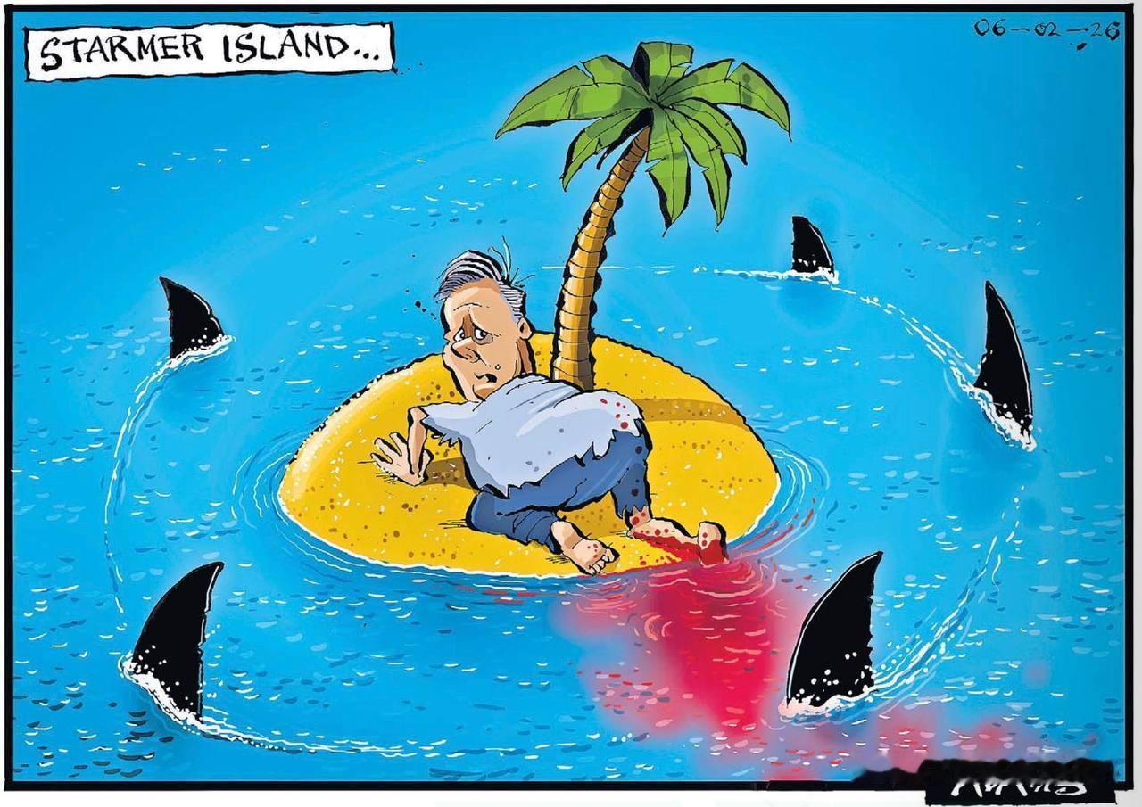 “斯塔默之岛”。《每日电讯报》描绘了英国首相因爱泼斯坦丑闻以及任命恋童癖者门德尔