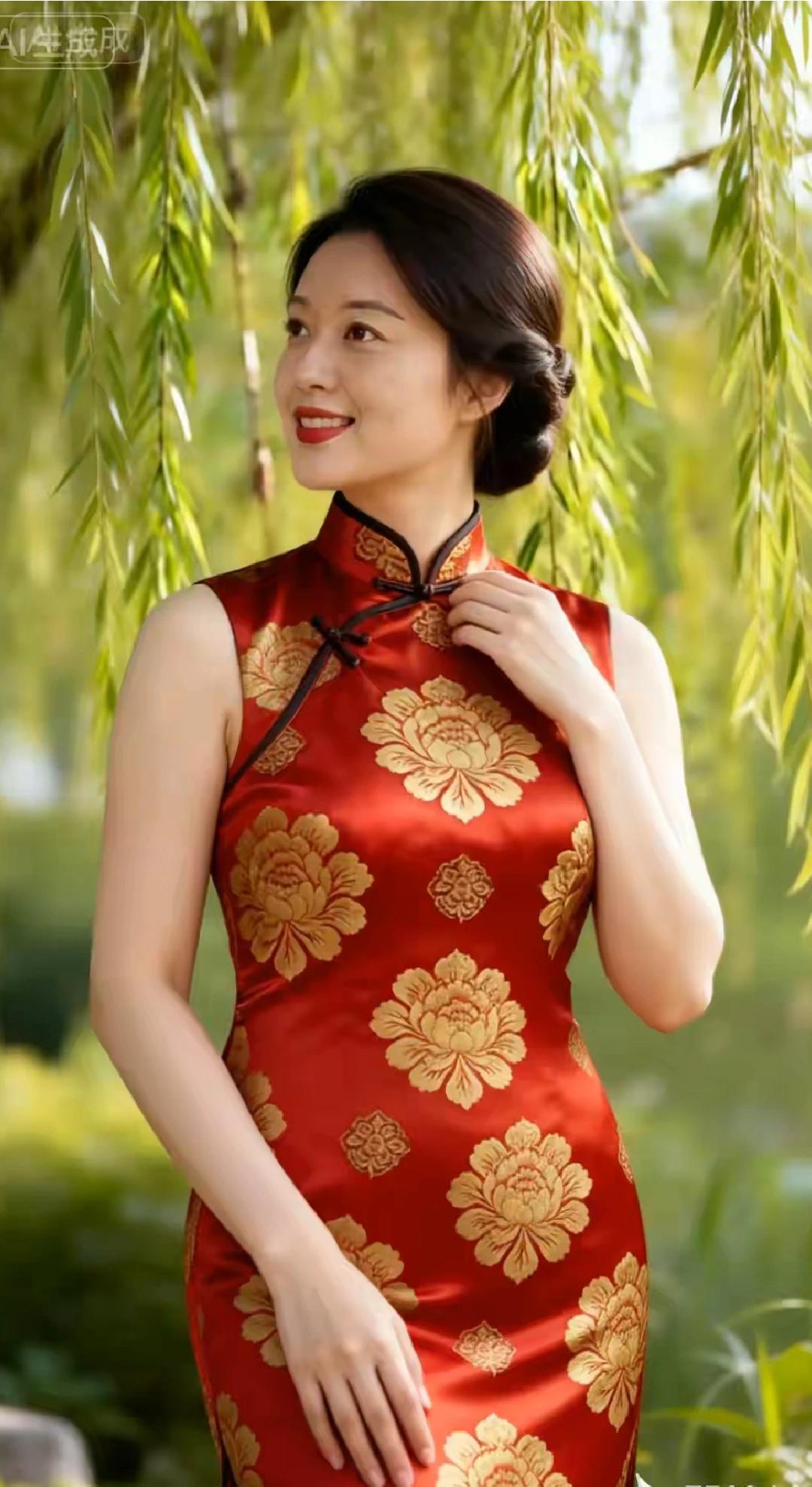 旗袍雅致衬娇容
红底牡丹显风情。
梅是春山寒远黛，
眸若秋水映繁星。