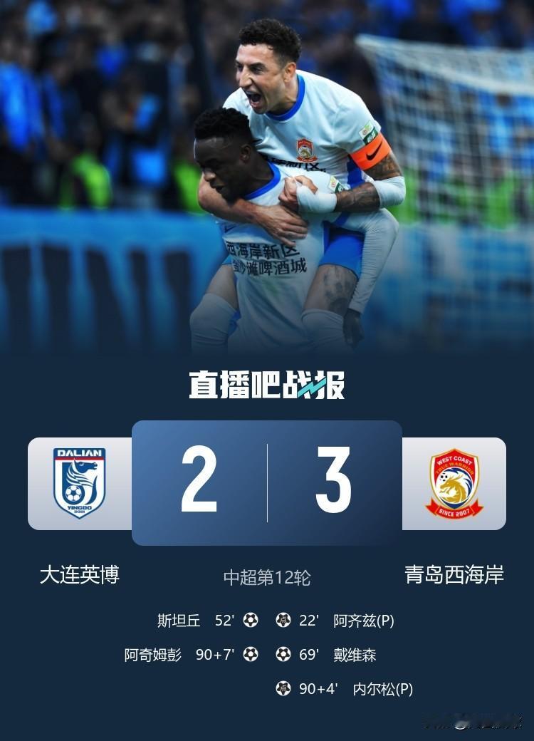 61910名观众见证，大连英博主场2：3被青岛西海岸绝杀，提前退出了本赛季中超联