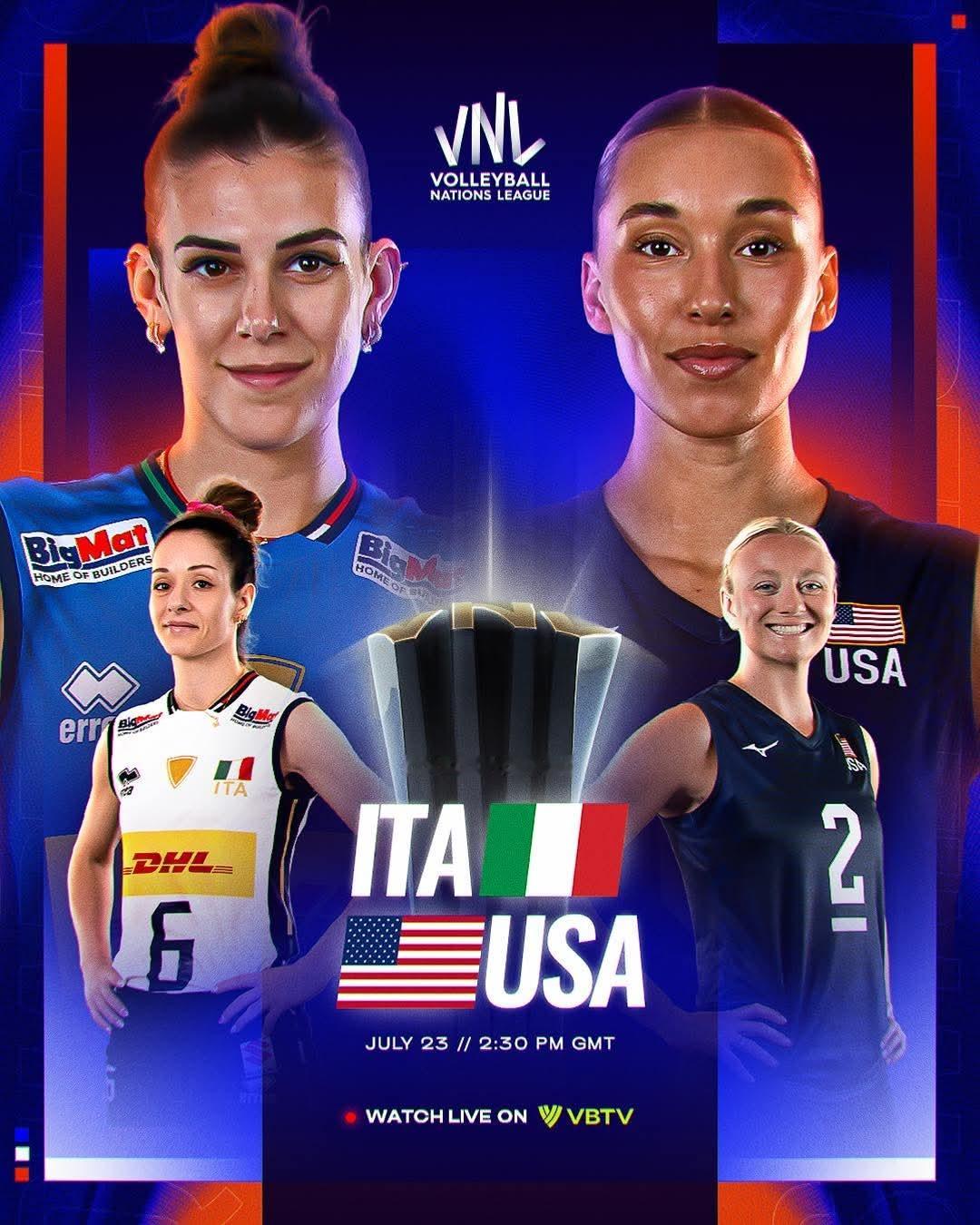 7月23日总决赛首战是奥运会决赛的翻版，意大利🇮🇹对阵美国🇺🇸，不过美国