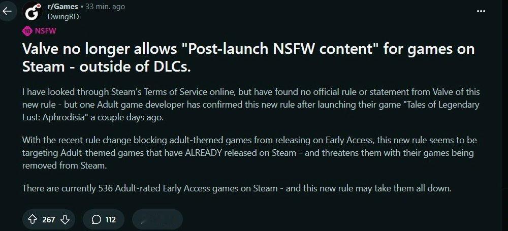 【Steam再收紧成人政策，不可通过免费补丁添加成人内容】多位玩家发现，V社已调