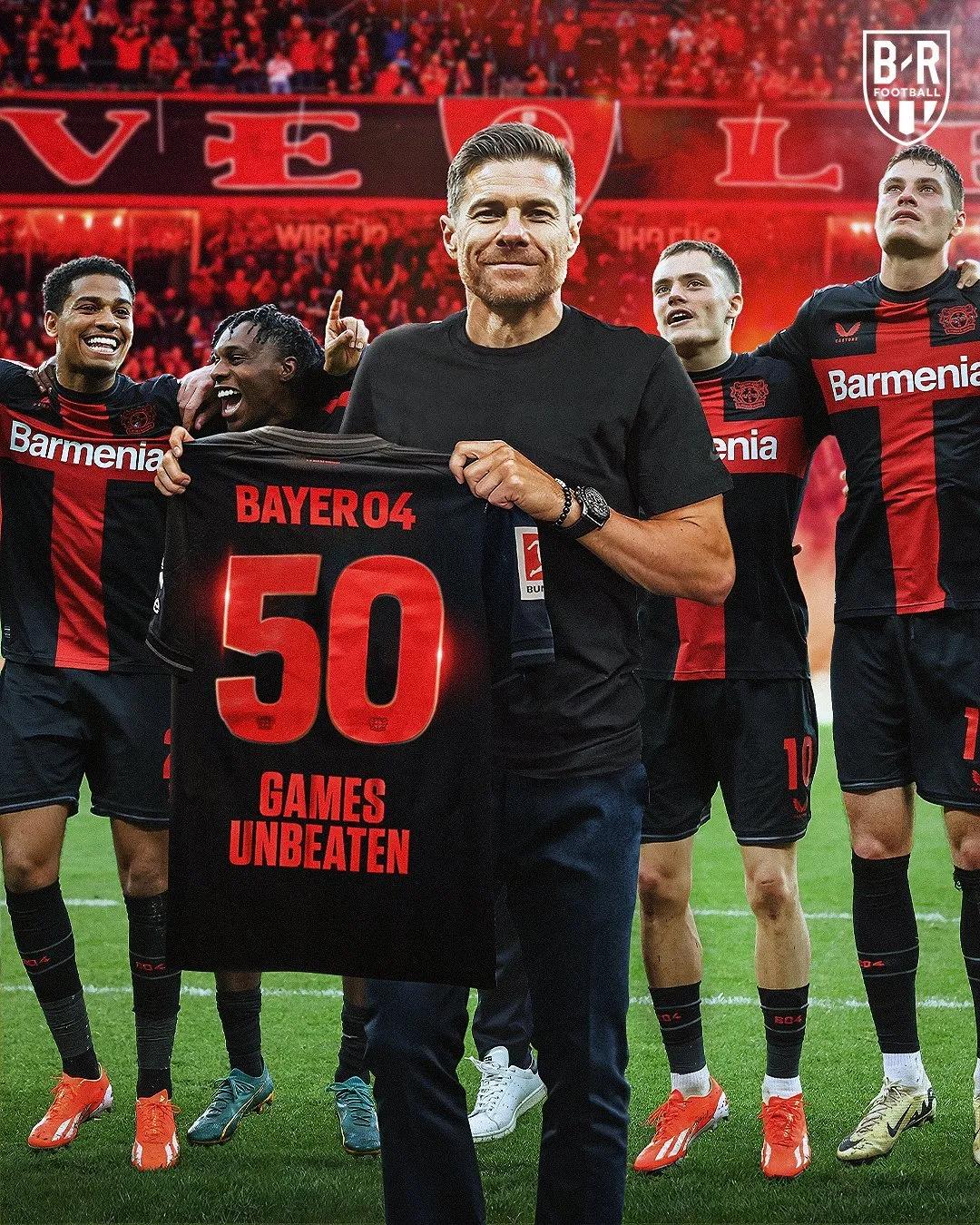 足坛短讯！
⚽他笑了！
勒沃库森连续不败50场！成为欧足联旗下第一支各项赛事连续