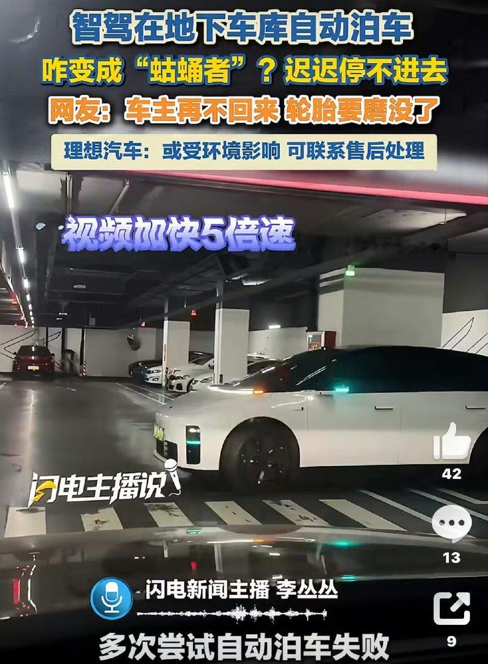 理想汽车自动泊车频繁调整仍失败 看视频感觉是卡到Bug了，两侧空间还有一些空间。