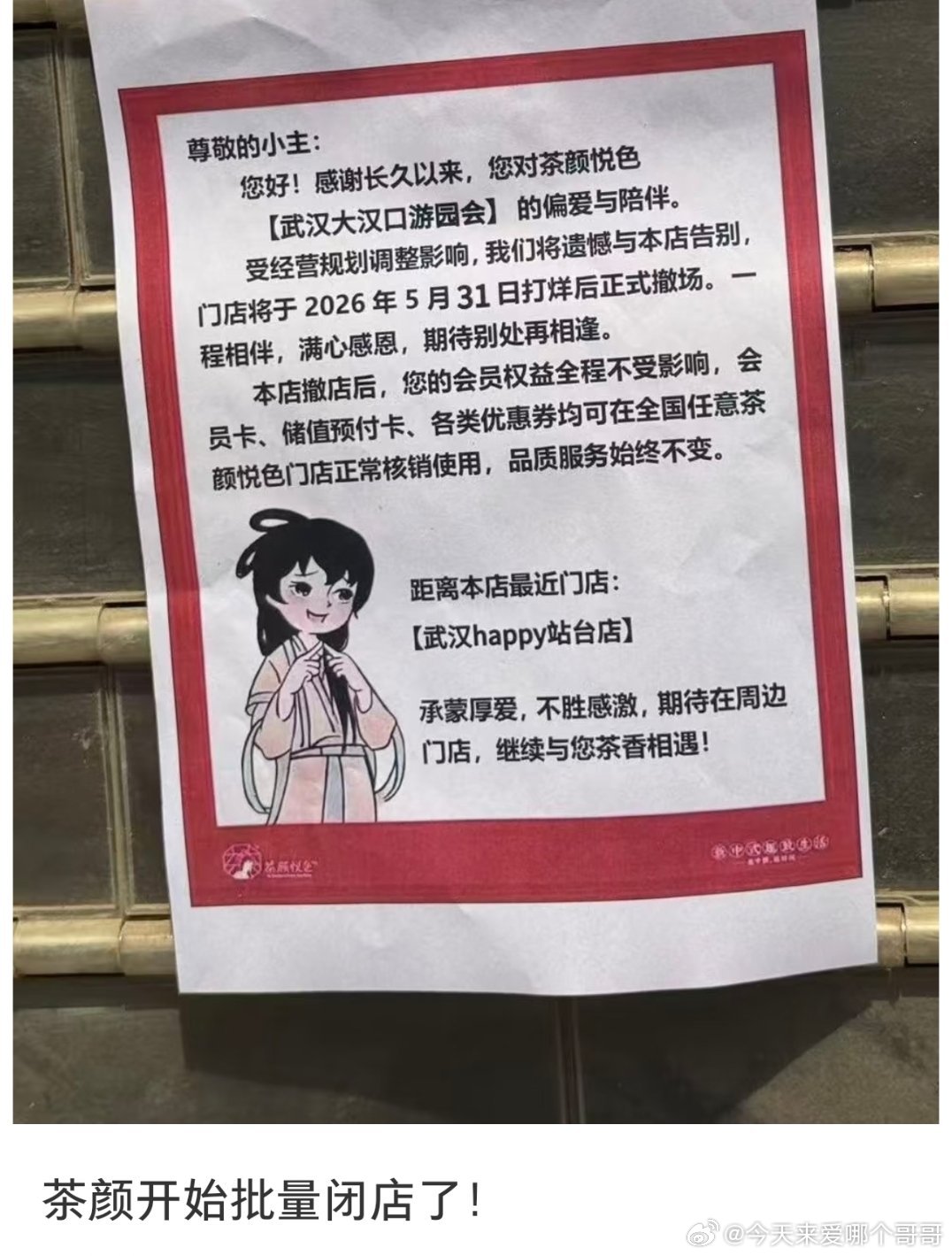 茶颜悦色好多开始闭店了，它对家霸王茶姬都开到韩国美国去了，明明茶颜先有的，决策很