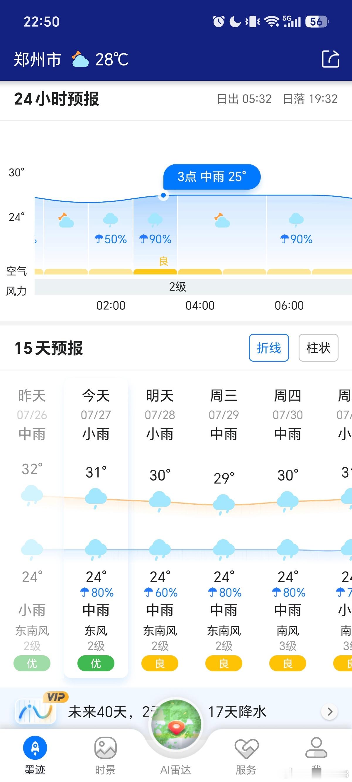 接下来几天都有雨，真是进入雨季了感觉今年特别热38℃以上的天也就7月前三周，天天