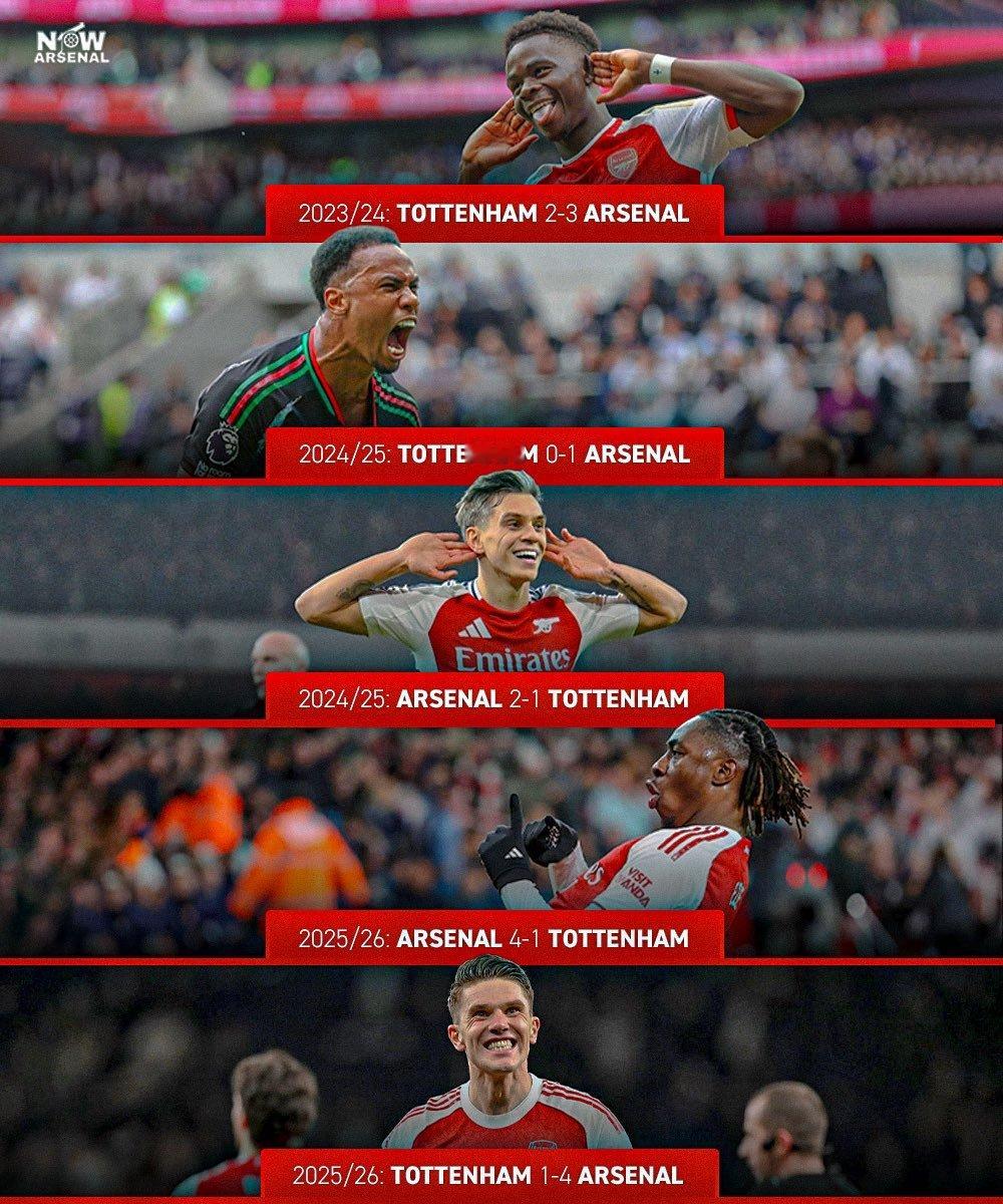 阿森纳在北伦敦德比 中取得五连胜，创造了英超历史英超联赛 阿森纳