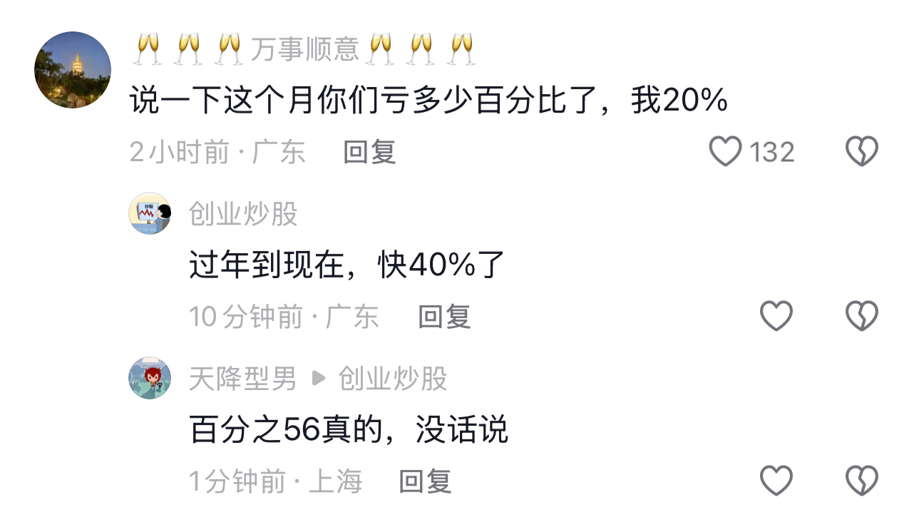 A股比惨大赛，有一个月亏20%，有三个月亏40%，有三个月亏56%，。沪指再度失