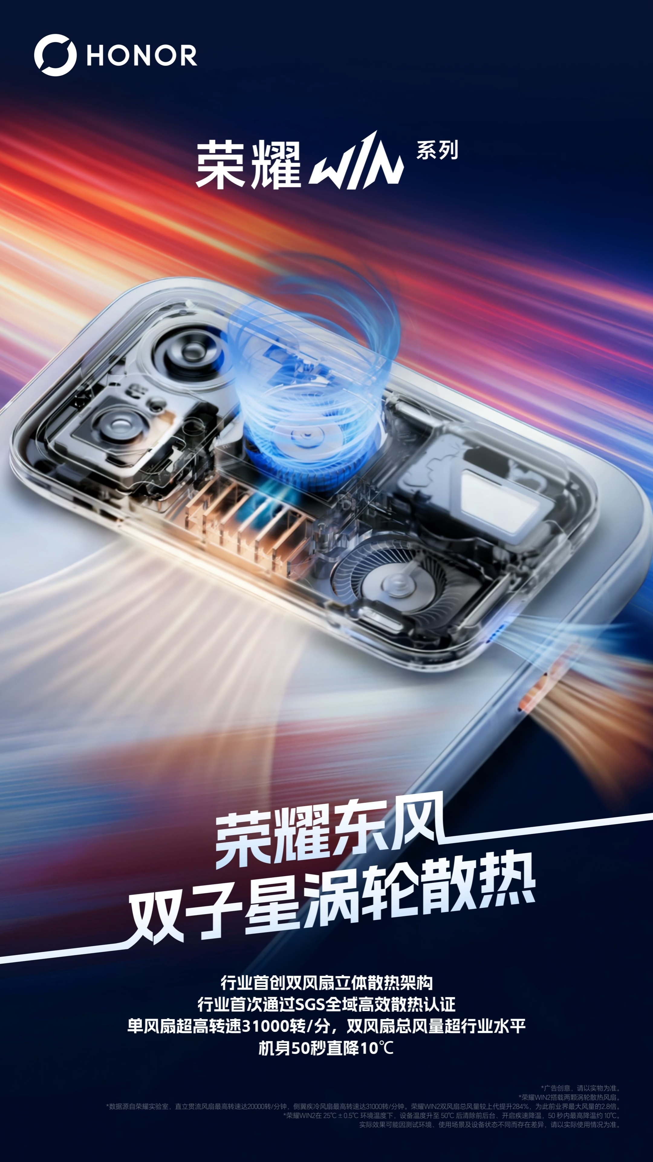 荣耀WIN2系列，行业首创双风扇立体散热架构，以创新、全面、疾速的散热能力秒杀“