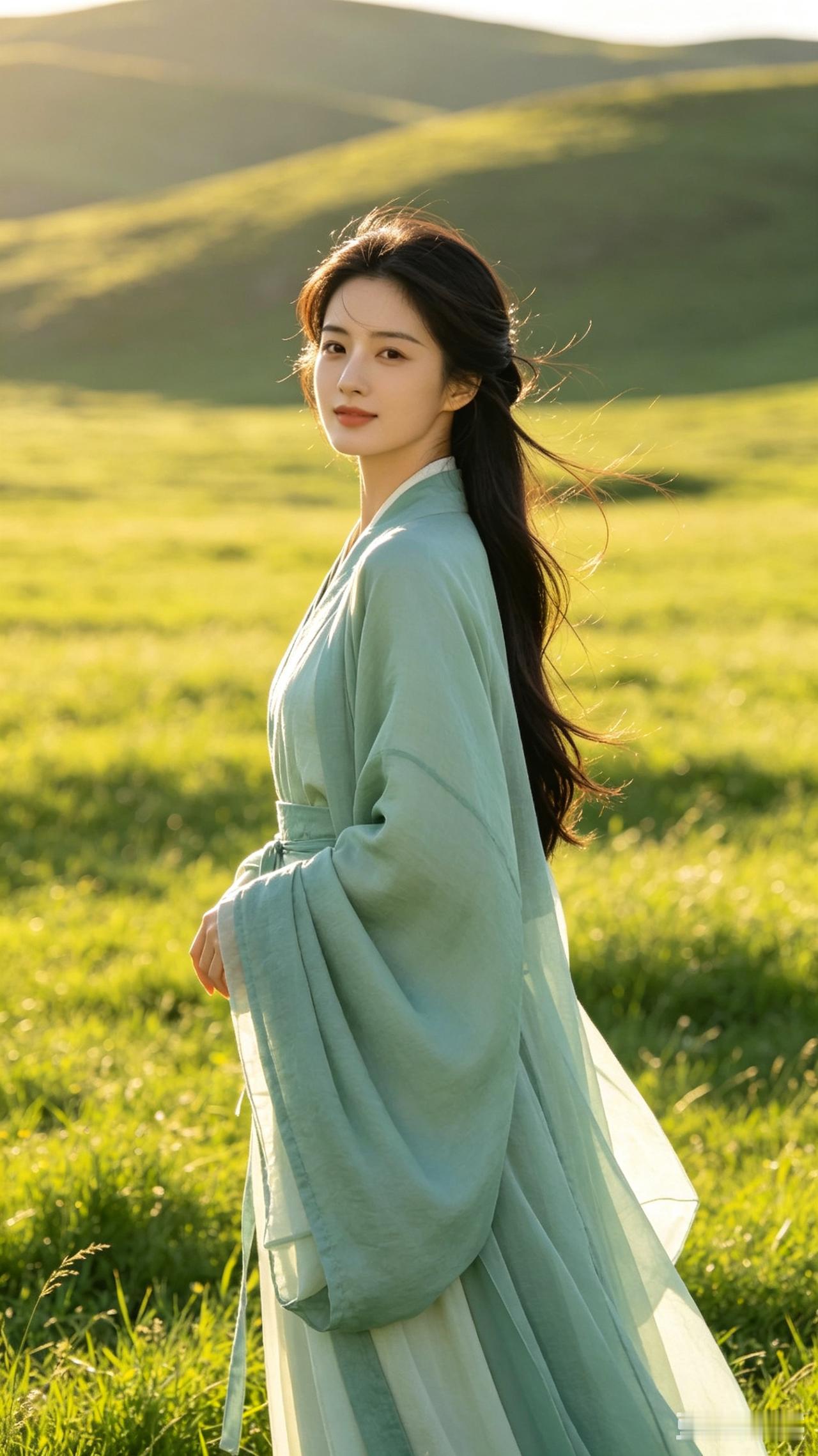 绿野佳人
连天碧草广无边，娇影婷婷立翠毡。
风动青丝翻软浪，光凝笑靥溢清妍。
闲