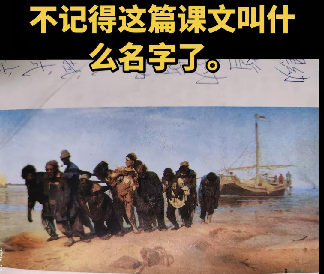 一群人在海滩上干活，背景有船。这个场景很有印象，小学的课文吧，叫什么名字真忘了，