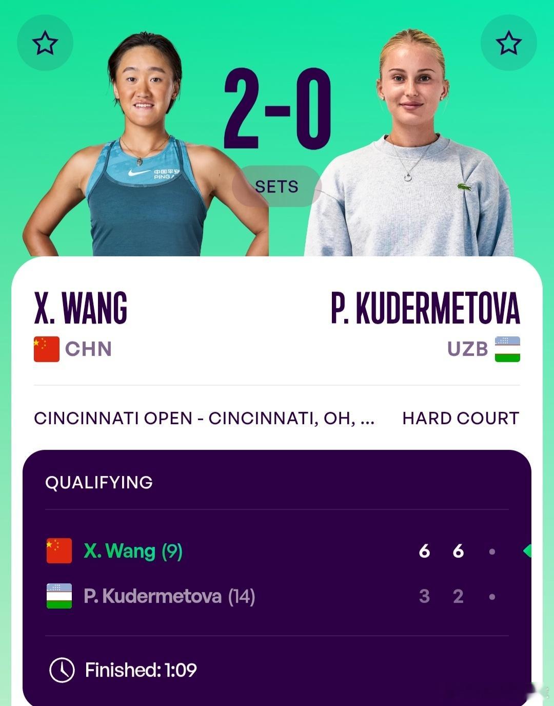 WTA1000辛辛那提站🇺🇸资格赛决胜轮王曦雨🇨🇳6-3/6-2战胜波-