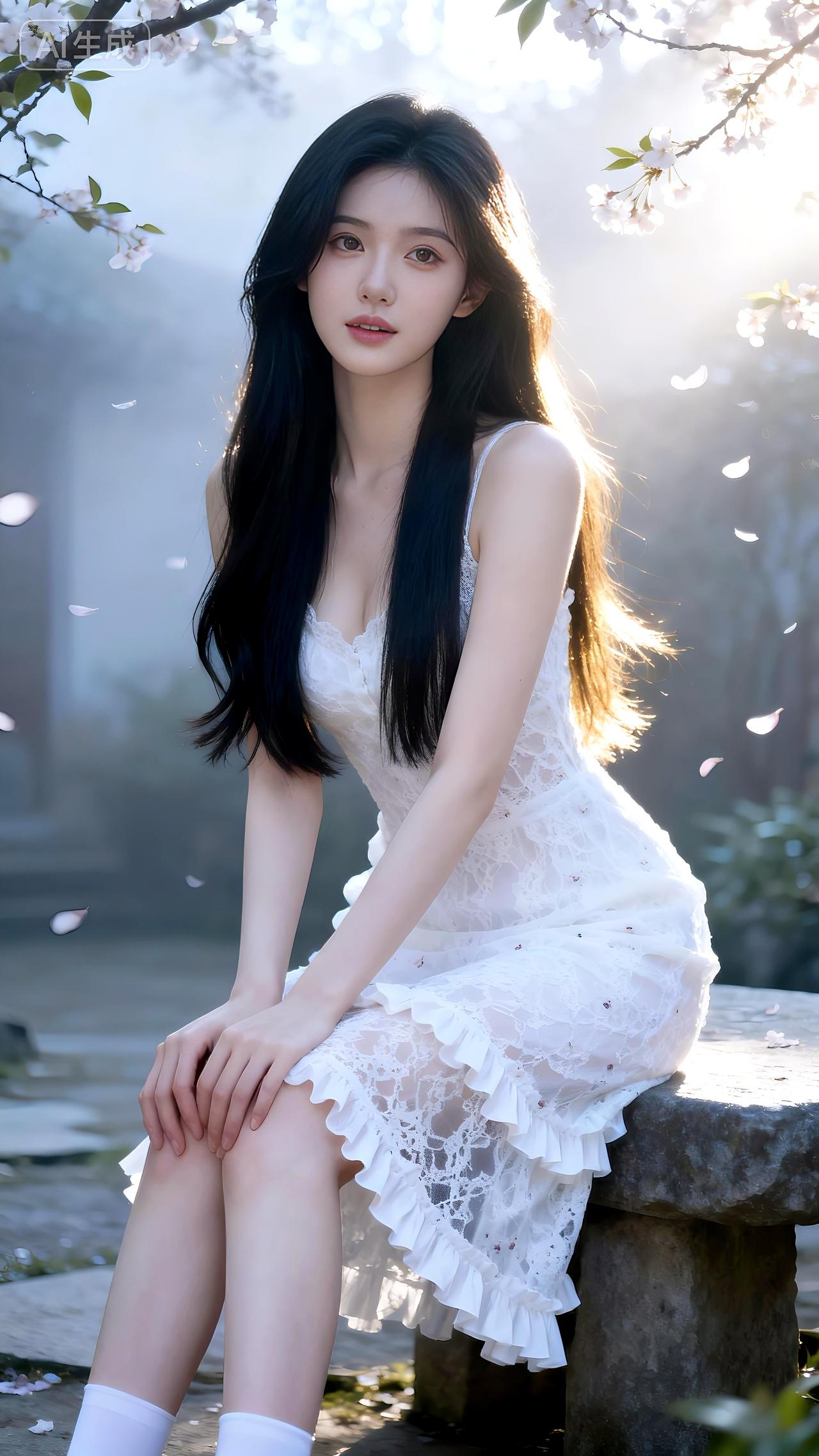 晨雾笼着冷白皮，蕾丝裙角漾清纯。她或抚树凝望，或倚坐低首，光影流转间，少女心事如