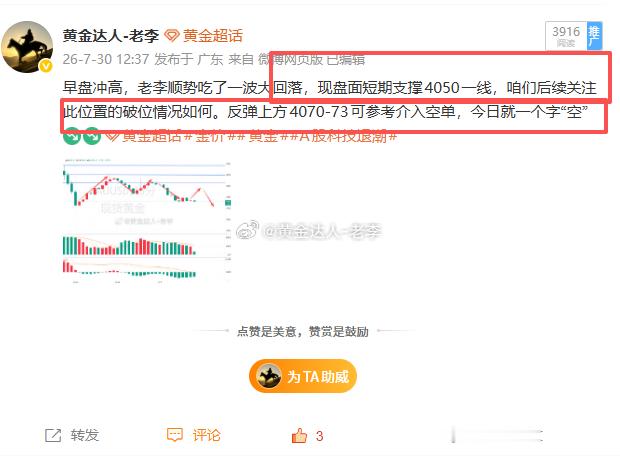 午间黄金4050破位走了延续，没能反弹，那么咱们保持看空不变！顺势在4035-3