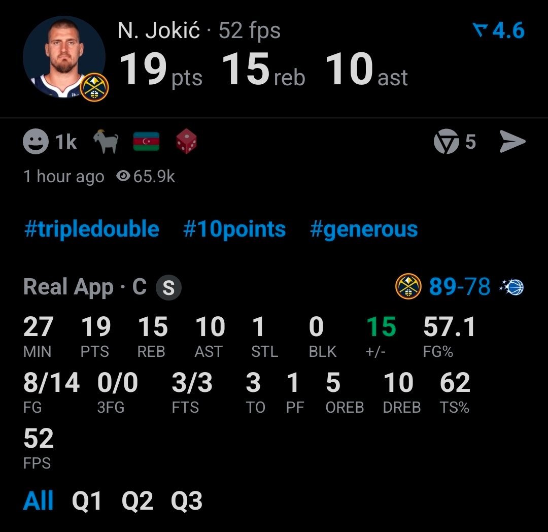 约老师三节19分15篮板10助攻，又三双了，本赛季31场比赛16个三双 