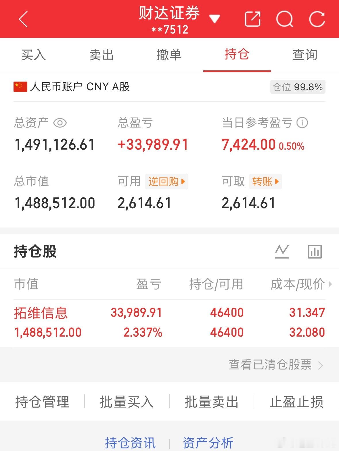 50万全职炒股的第57天总资产1491126当日参考盈亏+7424持仓股：持拓维