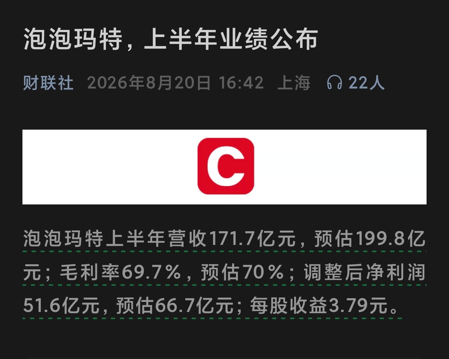 泡泡玛特上半年营收171.7亿，毛利率69.7%，上半年净利润51.6亿。