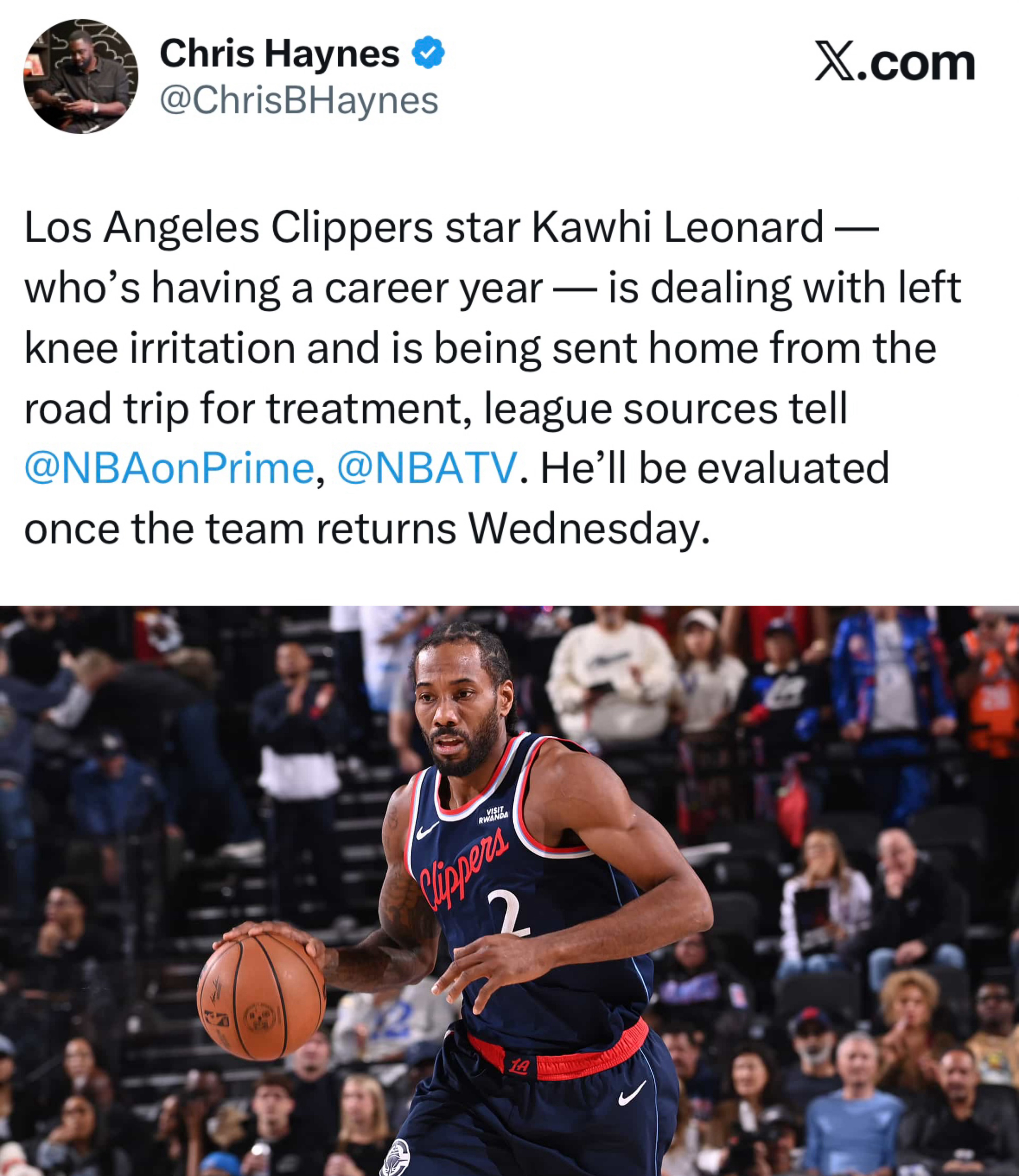 Chris Haynes：伦纳德（左膝盖）退出客场之旅，回洛杉矶接受治疗！ 球队