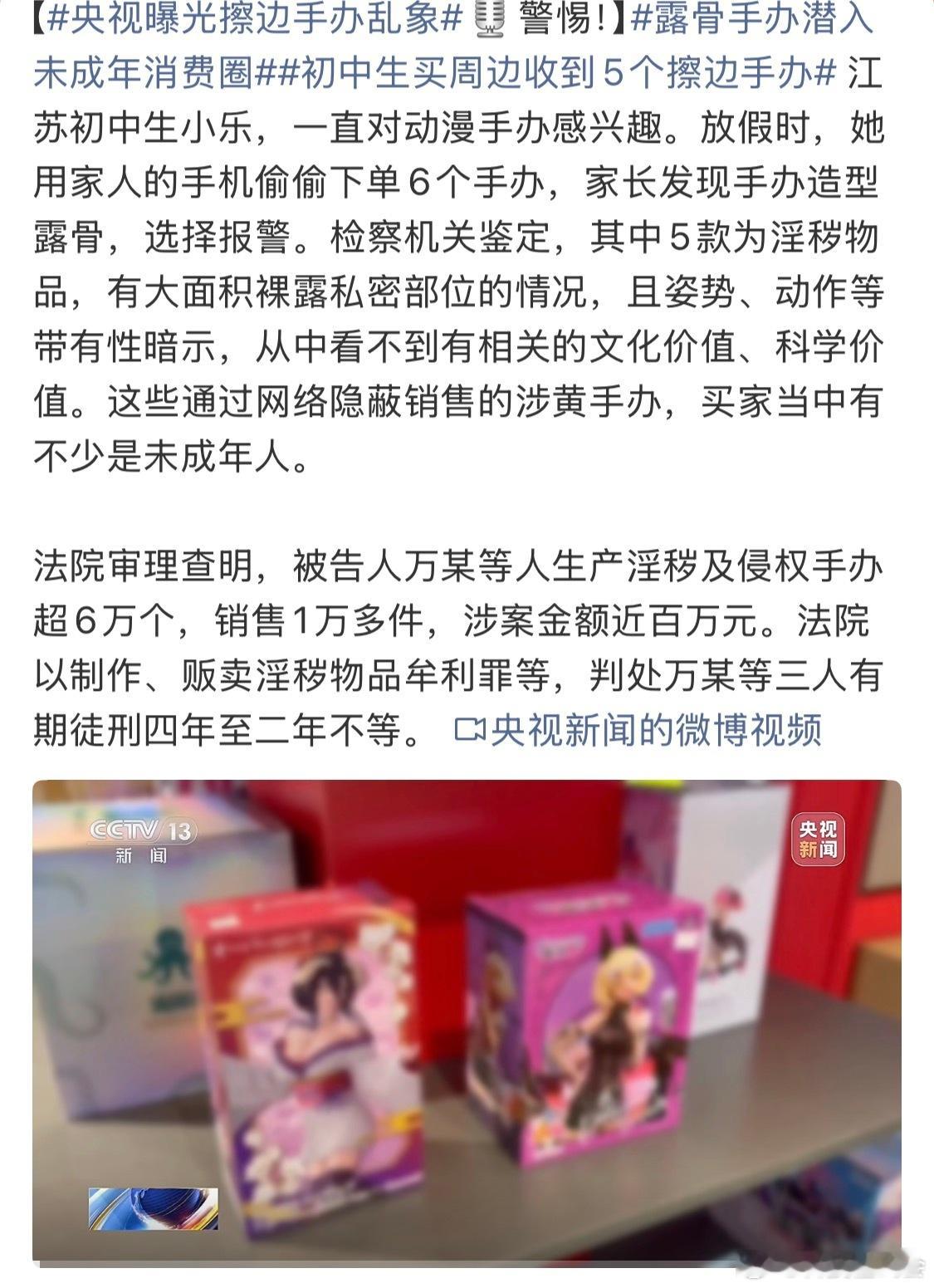 央视曝光擦边手办乱象这个真的会影响小孩子，尤其是未成年人自控力没那么强。用这个作