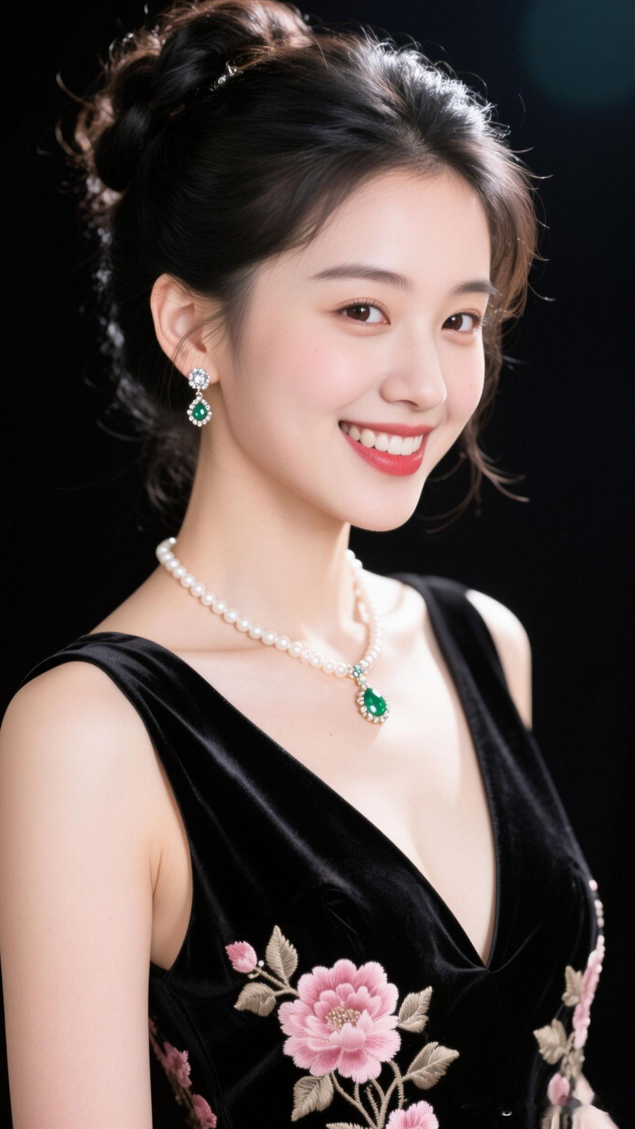 ✨ 墨色裙裾驮着古典的韵，珠链与绿石坠着时光的柔，当粉花与笑涡对映，整个优雅都淌