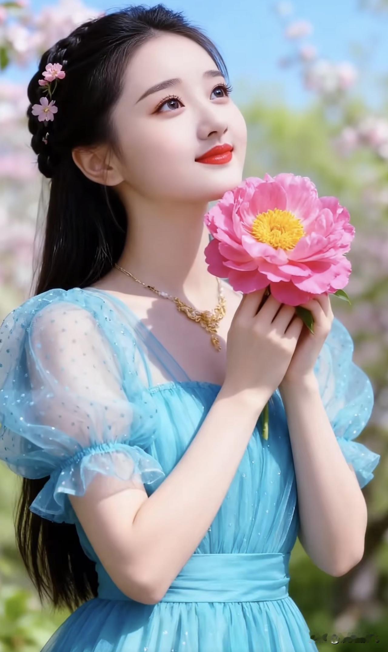 少女与花：梦幻的粉色花海，温柔的蓝色裙摆，宛如童话中的仙境。紫色小花海 花海少女