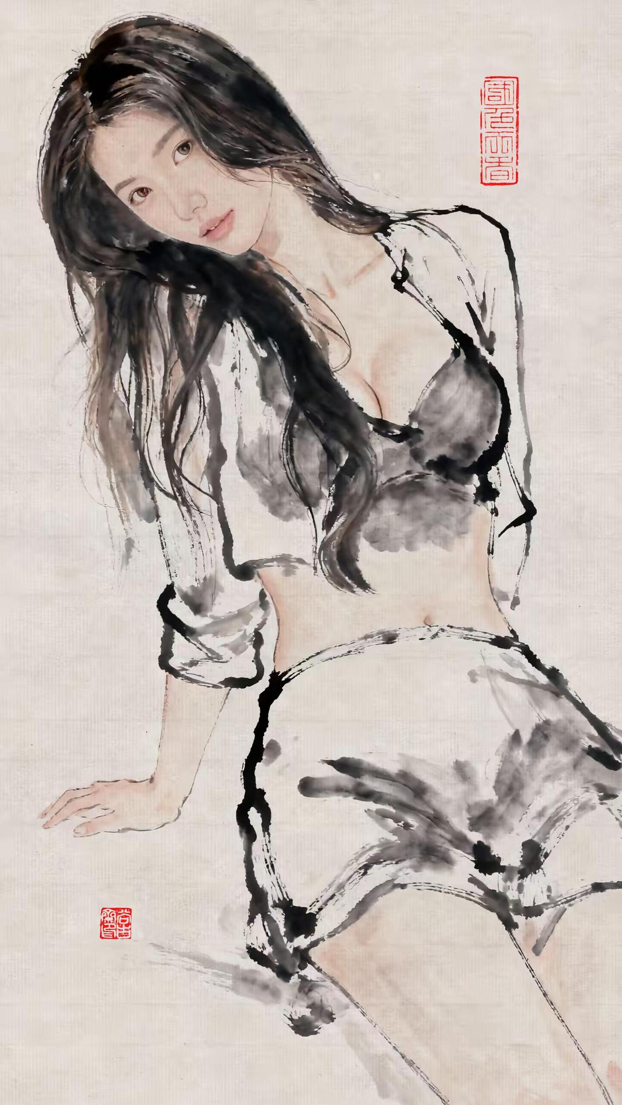 水墨佳人。国画美女写生水墨画 国画 手绘