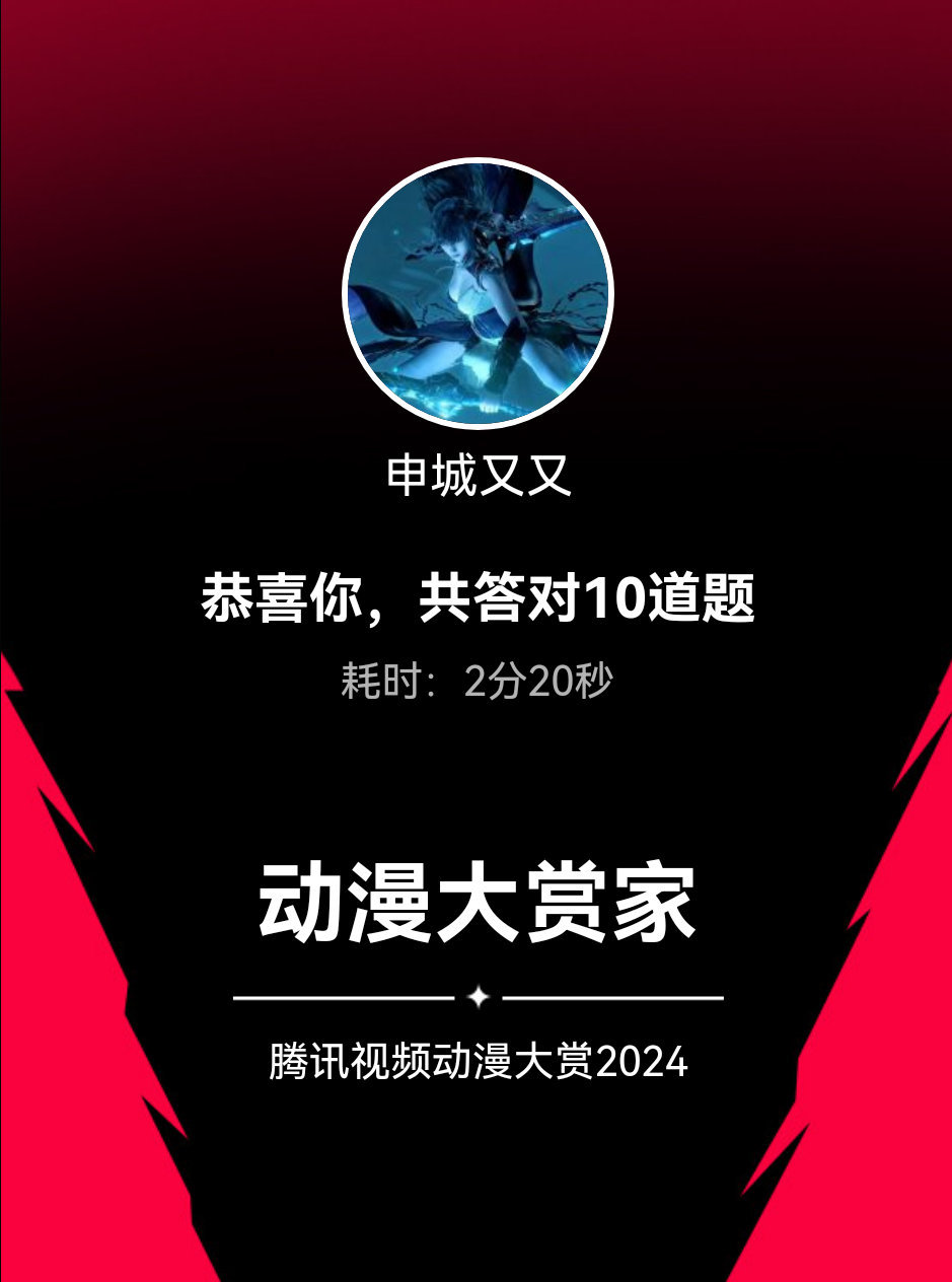 #动漫[超话]#我在#动漫大赏2024# 答题测试活动中，获得了【动漫大赏家】称