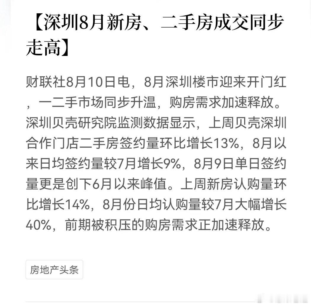 积压购房需求释放，深圳8月楼市迎来回暖拐点 