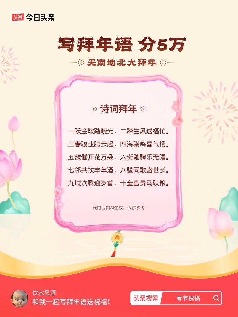 三春骏业腾云起，四海骥鸣喜气扬。 五鼓催开花万朵，六街驰骋乐无疆。 七邻共饮丰年