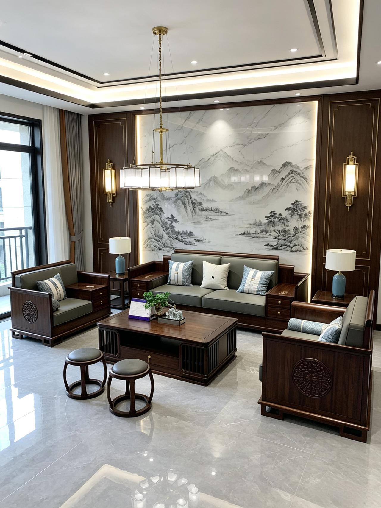 新中式客厅风格装修 新中式沙发 新中式家具 农村自建房 新中式自建房