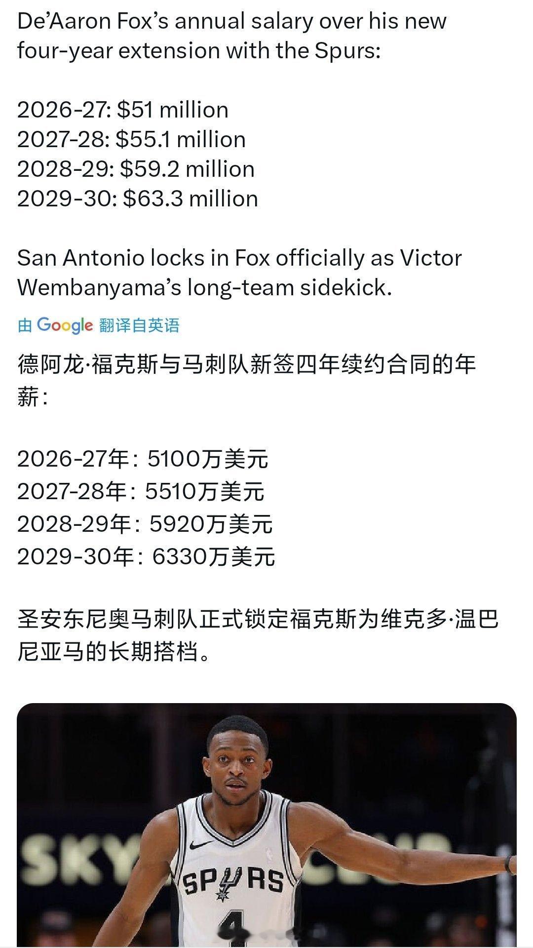 福克斯4年顶薪续约马刺，最后一年超6kw，这么一看希罗要是签个4000多万也不算