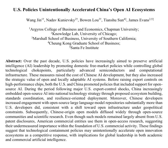 arxiv 的新论文：“美国政策无意中加速了中国开源AI生态系统的发展”链接 –
