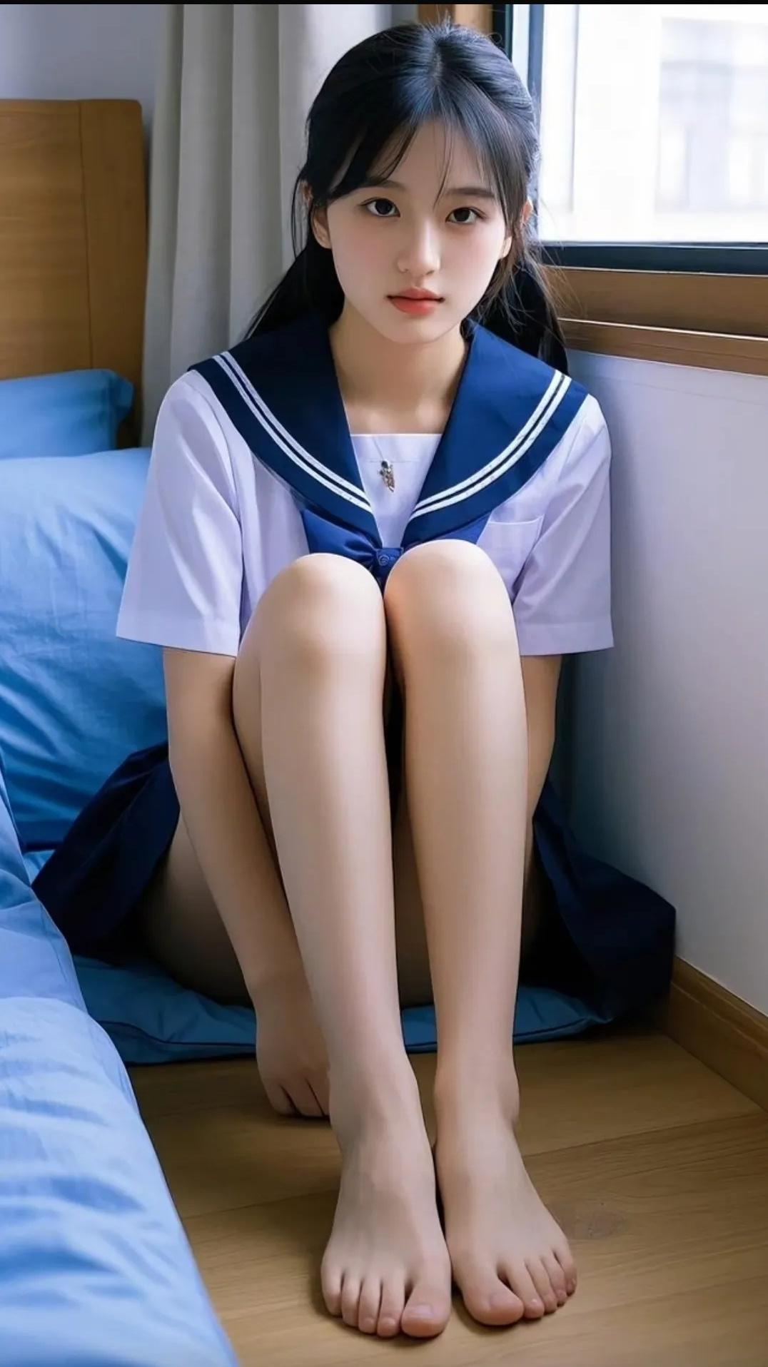 可爱少女，穿着水手服，坐在床上，微笑看向镜头。[耶][耶][酷拽][酷拽][抠鼻