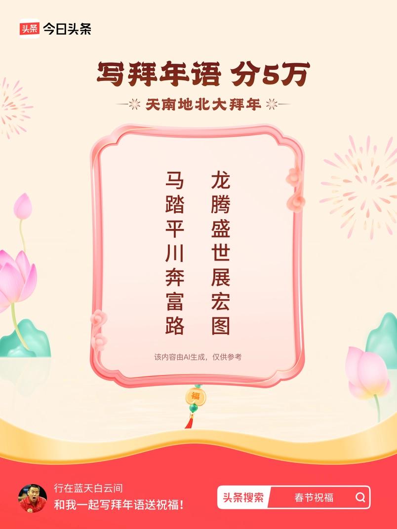 写拜年语送祝福新春拜年送祝福！我的祝福是：“马踏平川奔富路，龙腾盛世展宏图”！快