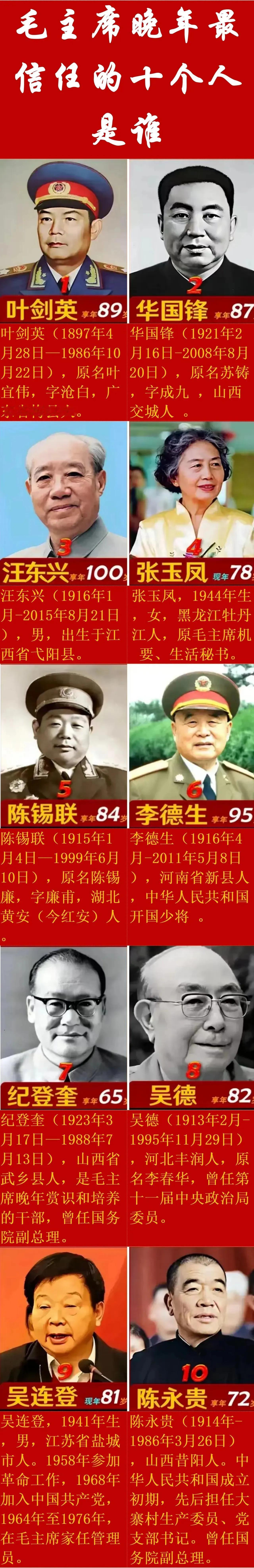 毛主席：我最信任华国锋；
毛主席：我最信任叶剑英；
毛主席：我最信任汪东兴；

