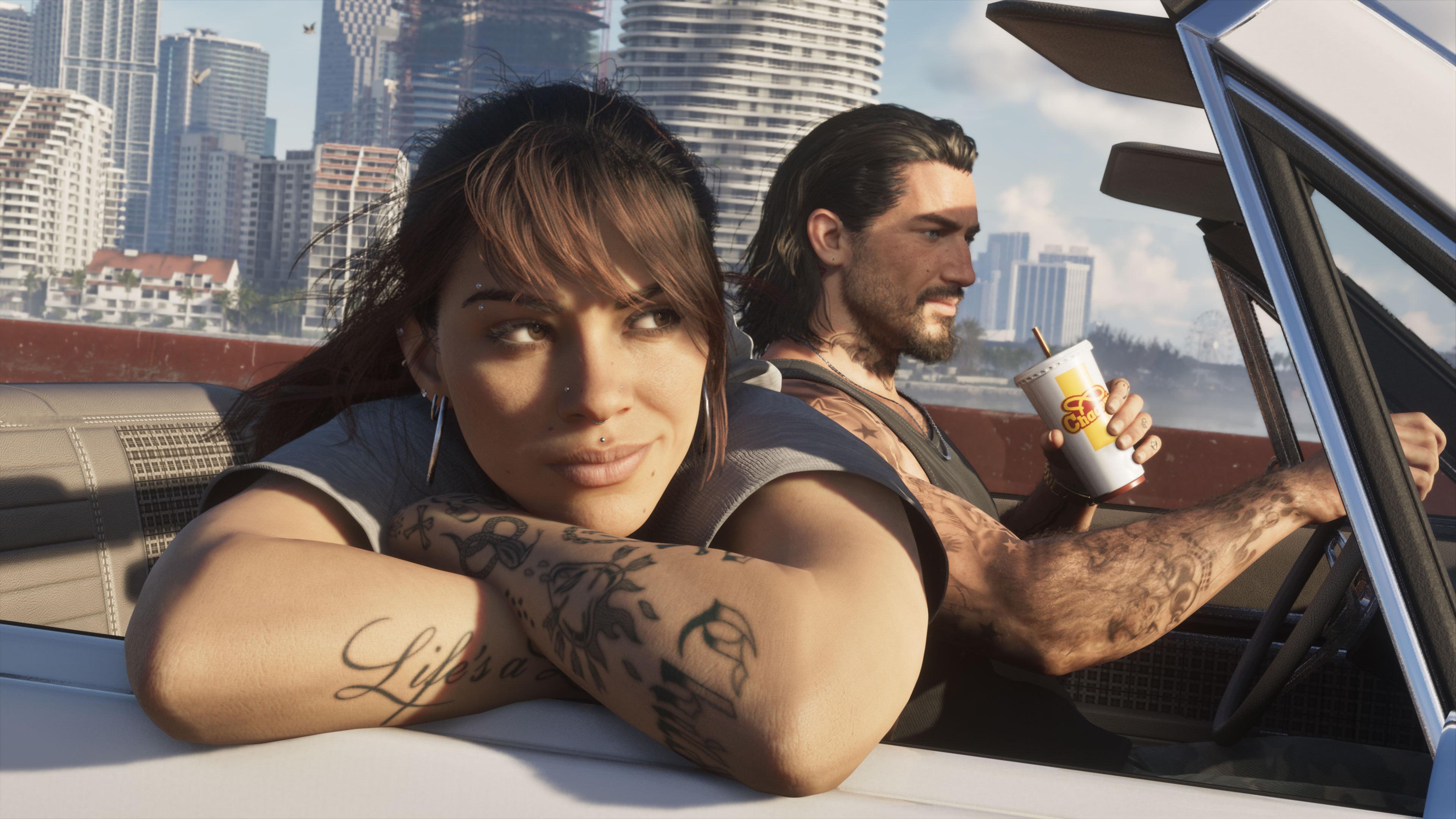 R星在《GTA6》官网更新了截图，Jason&Lucia两位主角氛围感拉满。GT