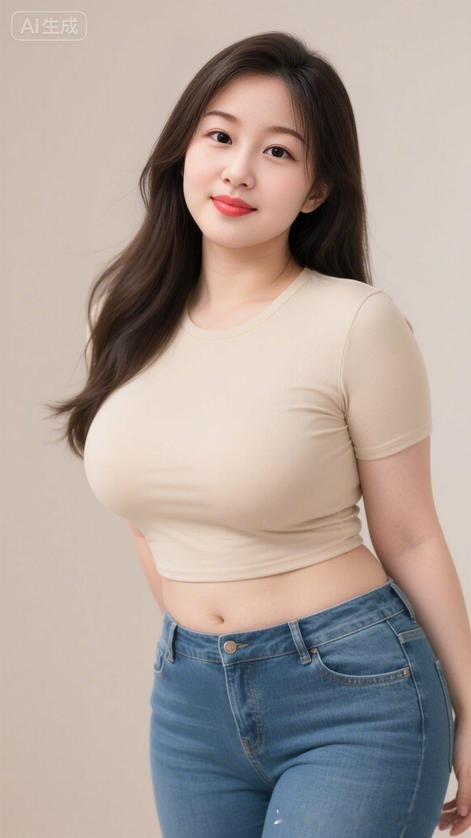 一个穿浅色上衣和牛仔裤的女孩。