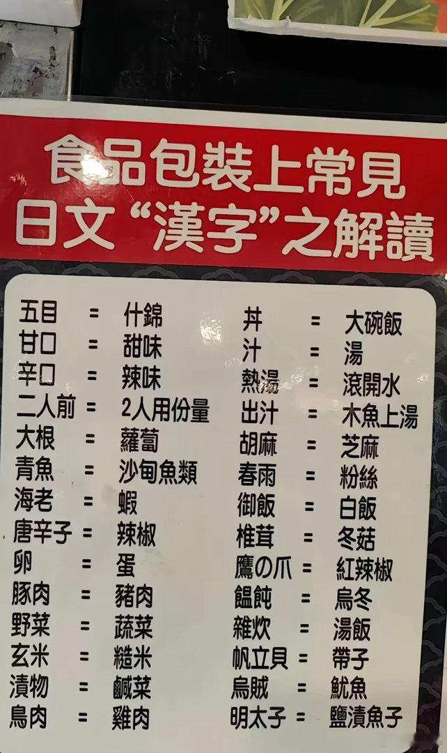 香港超市里有大量的日本进口食品，于是乎超市里有这样一块牌子，你可以大体看得懂一些