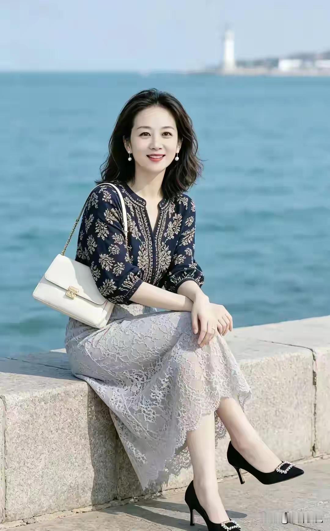 精致的五官，慈眉面善醒目耐看的长相，白皙的肌肤配上黝黑的长发，而这苗条精致的身姿
